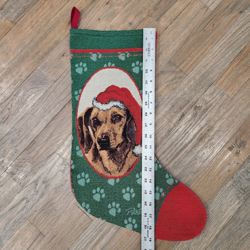 Tan Dachshund Weiner Dog Christmas Tapestry Stocking Red Green Paw Print Picken - Picture 9 of 13